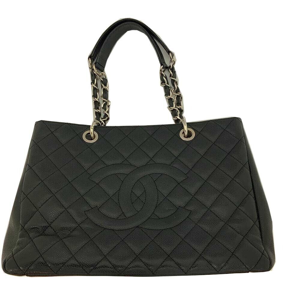Chanel Chain Tote Bag GST Coco Mark Silver Caviar Skin Black Leather